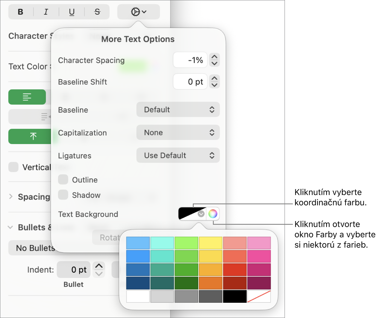 Ovládacie prvky na výber výplne znaku.