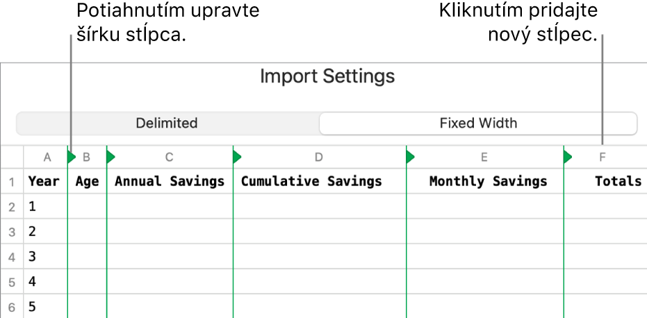 Nastavenia importu pre textový súbor s fixnou šírkou.