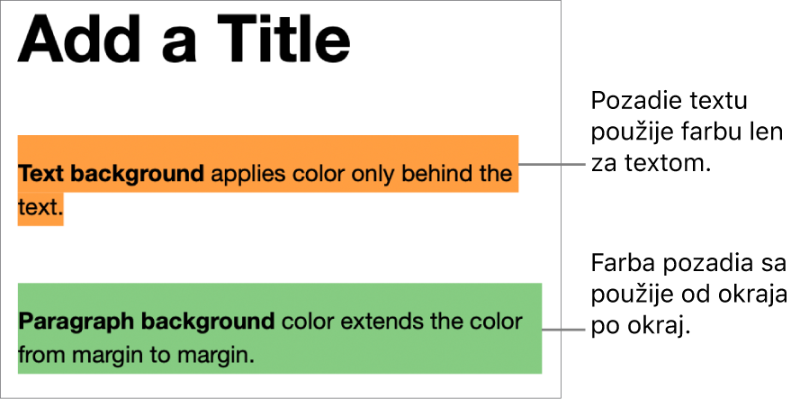 Jeden odsek s farbou iba za textom a druhý odsek s farbou za textom, ktorá siaha v bloku od okraja po okraj.