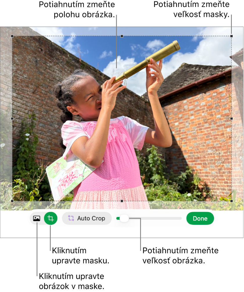 Ovládacie prvky masky na fotke.
