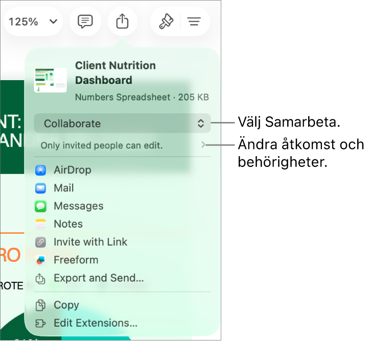 Delningsmenyn med Samarbeta markerat högst upp och tillgångs- och behörighetsinställningar under.