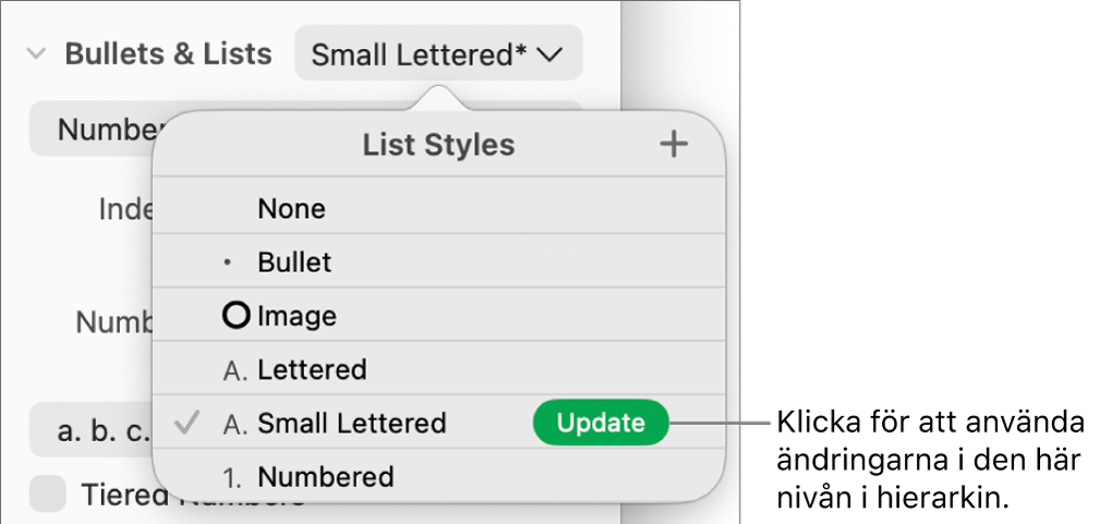 Popupmenyn Liststilar med knappen Uppdatera bredvid namnet på den nya stilen.