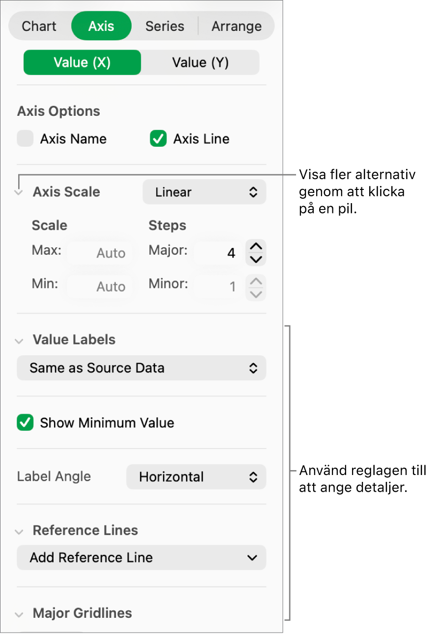 Reglage för formatering av diagramaxelmarkeringar.