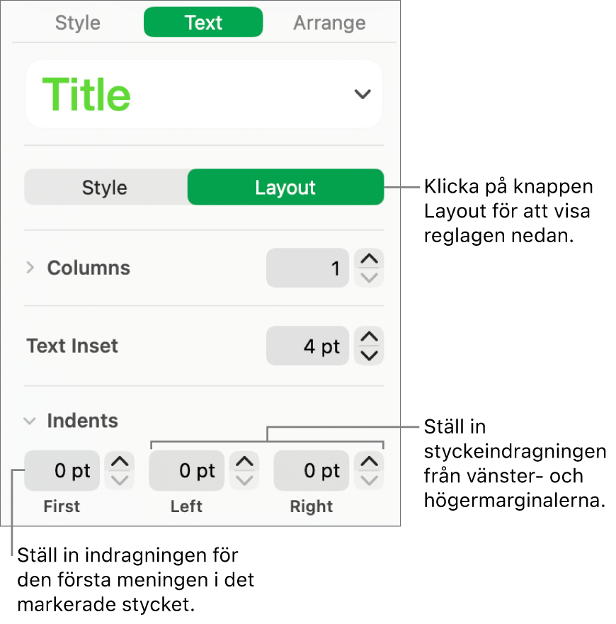 Avsnittet Layout i formatsidofältet med reglage för att ställa in första radens indrag och styckemarginaler.