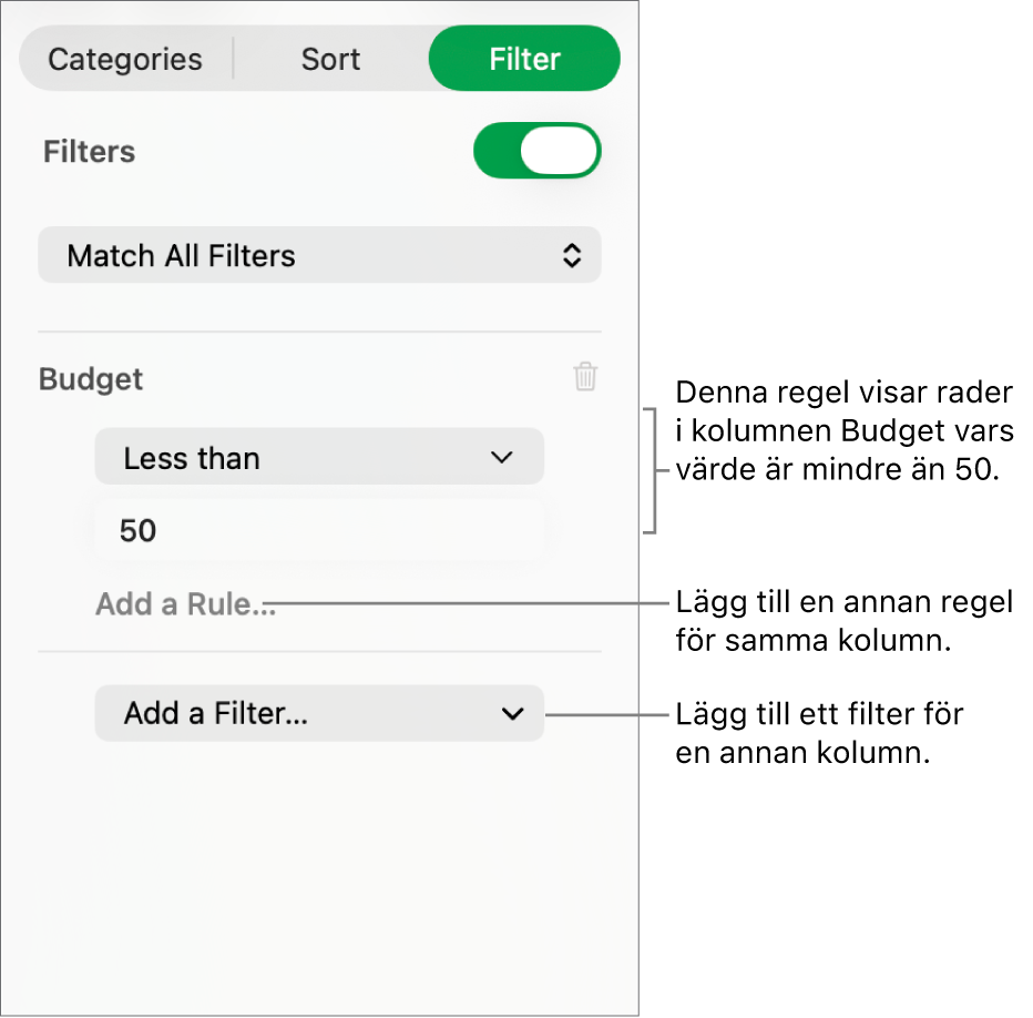 Reglage för att skapa filtreringsregler.
