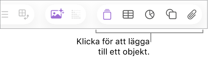 Verktygsfältet i Numbers med knapparna Infoga, Tabell, Diagram, Text, Form och Medier.