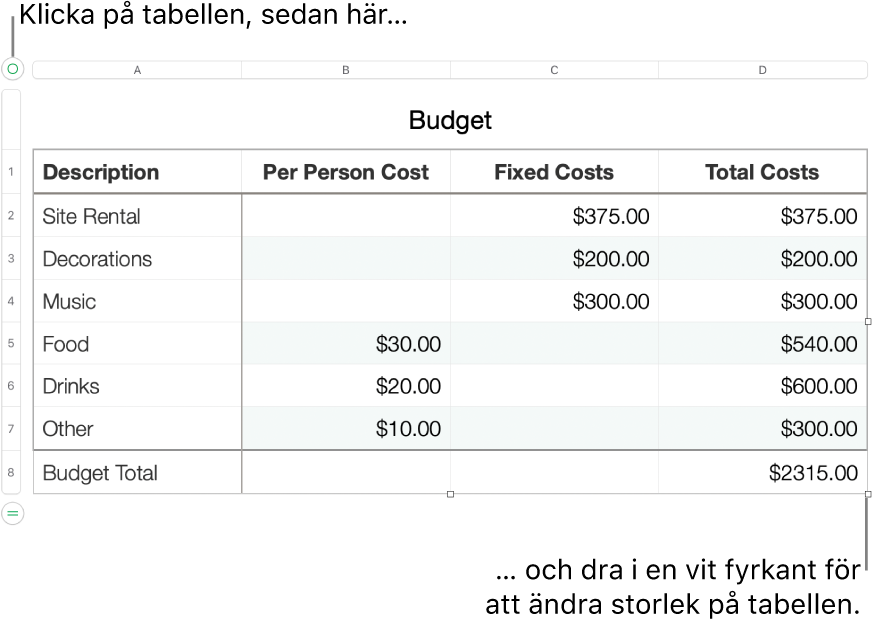 En markerad tabell med vita fyrkanter som används till att ändra storleken.