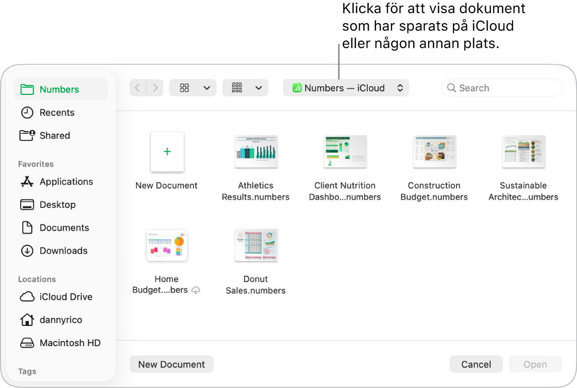 Dialogrutan med sidofältet öppet till vänster och iCloud Drive valt i popupmenyn upptill. Mappar för Keynote, Numbers och Pages visas i dialogrutan tillsammans med knappen Nytt dokument.