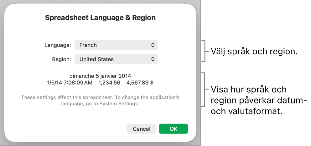 Panelen Språk och region med reglage för språk och region samt ett formatexempel med datum, tid, decimal och valuta.