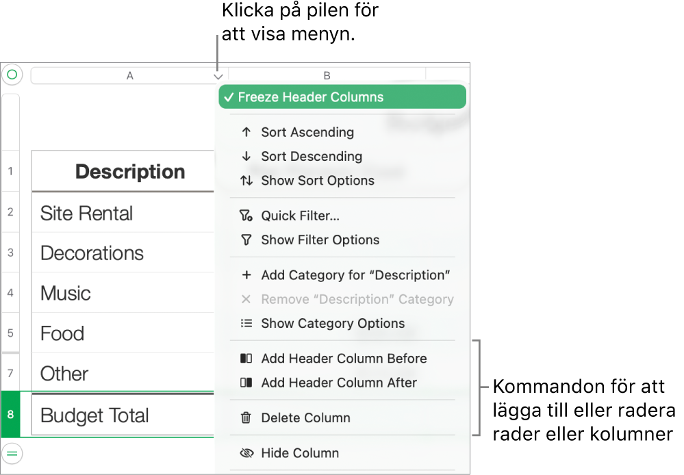 Tabellkolumnmenyn med kommandon för att lägga till eller radera rader och kolumner.