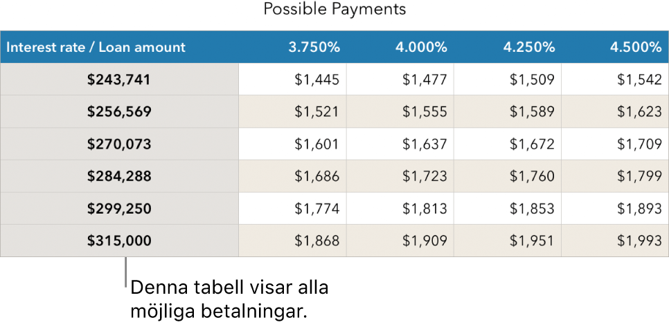 En lånetabell innan den har filtrerats efter ekonomiskt hanterbara räntor.