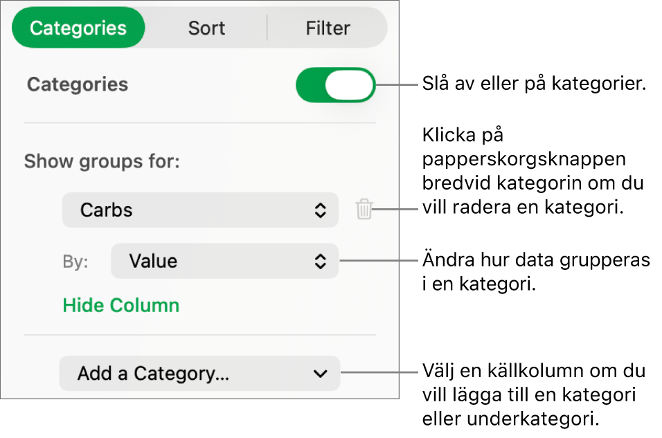 Kategorisidofältet med alternativ för att slå av kategorier, radera kategorier, gruppera om data, gömma en källkolumn och lägga till kategorier.