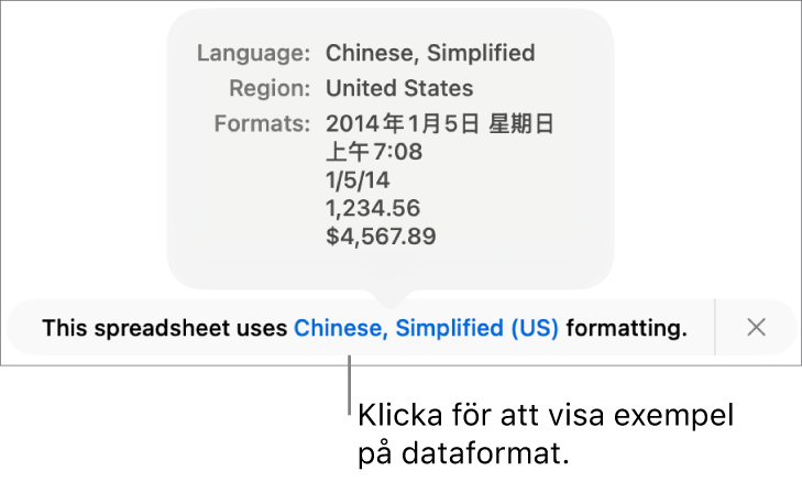 Meddelandet om olika språk- och regioninställningar samt exempel på formatering för det andra språket och den andra regionen.