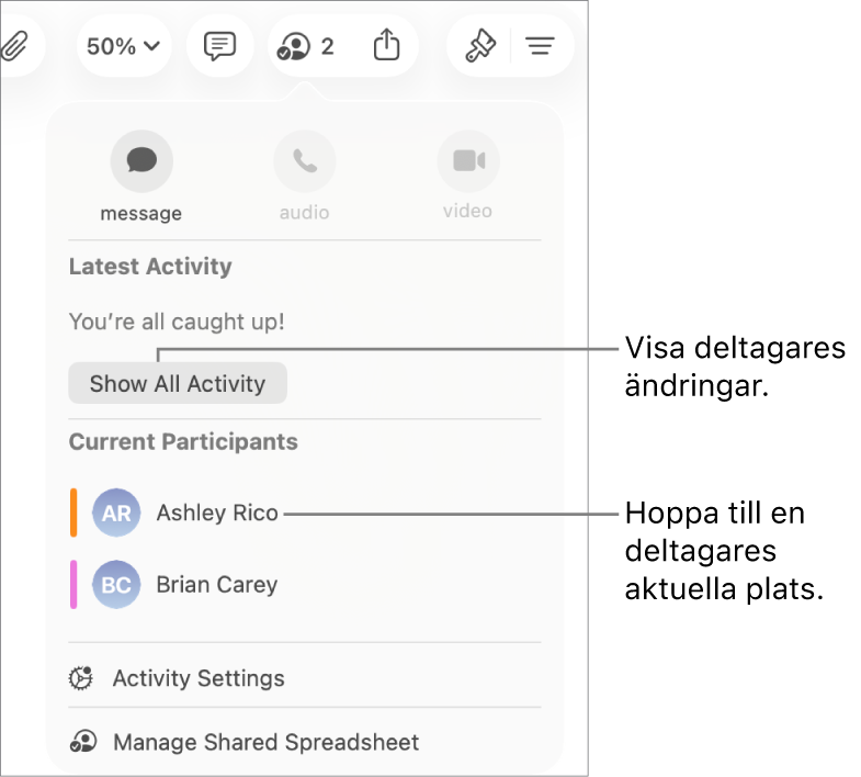 Samarbetsmenyn med två aktuella deltagare listade.