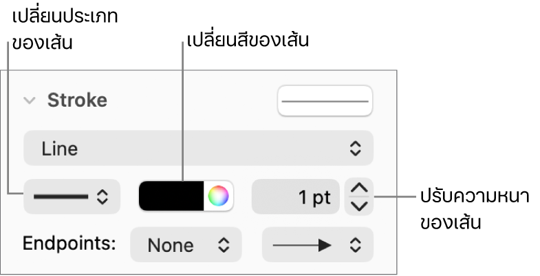 ตัวควบคุมขีดเส้นสำหรับตั้งค่าจุดปลาย ความหนาของเส้น และสี