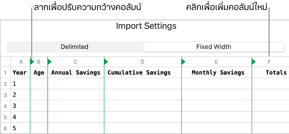 การตั้งค่าการนำเข้าสำหรับไฟล์ข้อความที่ความกว้างคงที่