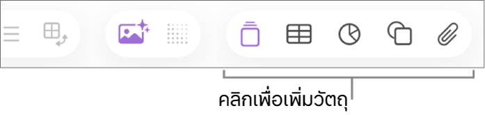 หน้าต่าง Numbers ที่มีคำอธิบายของปุ่มวัตถุในแถบเครื่องมือ
