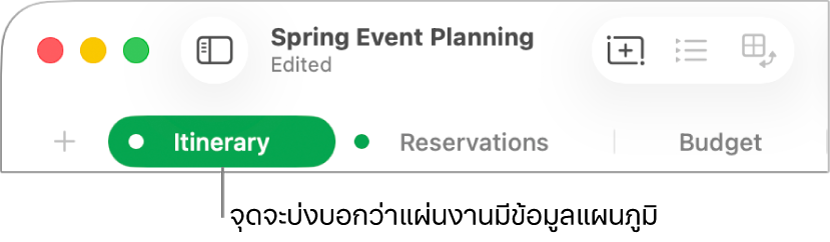 แถบแผ่นงานที่มีจุดระบุว่าตารางในแผ่นงานนี้ได้ถูกอ้างอิงถึงในแผนภูมิซึ่งมีข้อมูลที่คุณกำลังแก้ไขอยู่ในขณะนั้น