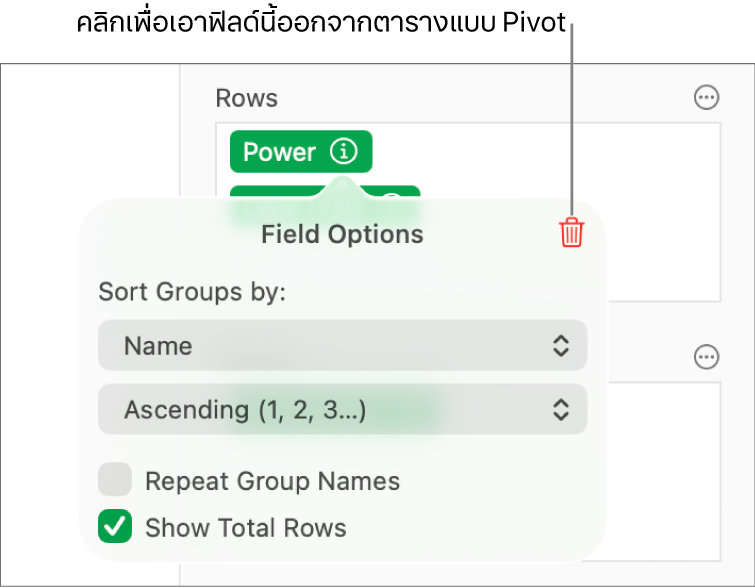 เมนูตัวเลือกฟิลด์ ที่แสดงตัวควบคุมสำหรับการจัดกลุ่มและการเรียงข้อมูล รวมถึงตัวเลือกในการเอาฟิลด์ออก