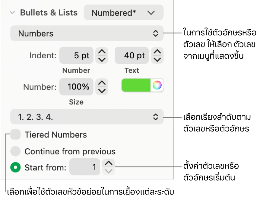ตัวควบคุมสำหรับการเปลี่ยนลักษณะตัวเลขและการเว้นระยะห่างของรายการ
