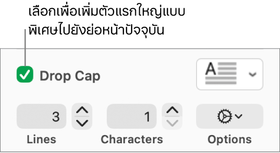กล่องกาเครื่องหมายตัวแรกใหญ่แบบพิเศษถูกเลือกอยู่ และเมนูที่แสดงขึ้นแสดงทางด้านขวา โดยตัวควบคุมสำหรับการตั้งค่าความสูงของบรรทัด จำนวนอักขระ และตัวเลือกอื่นๆ แสดงอยู่ด้านล่าง