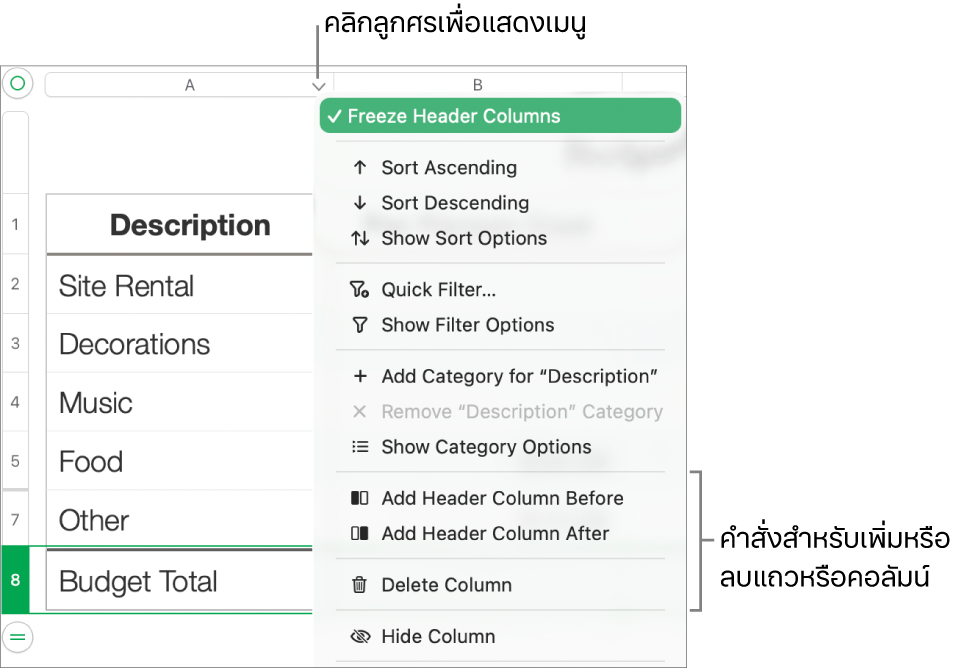 เมนูคอลัมน์ตารางที่มีคำสั่งสำหรับเพิ่มหรือลบแถวและคอลัมน์