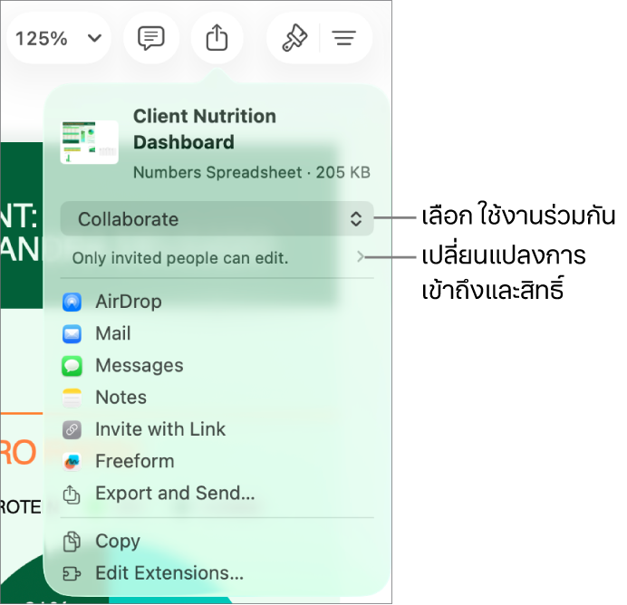 เมนูแชร์ที่มีใช้งานร่วมกันถูกเลือกอยู่ที่ด้านบนสุด และการตั้งค่าการเข้าถึงและสิทธิ์อยู่ที่ด้านล่าง
