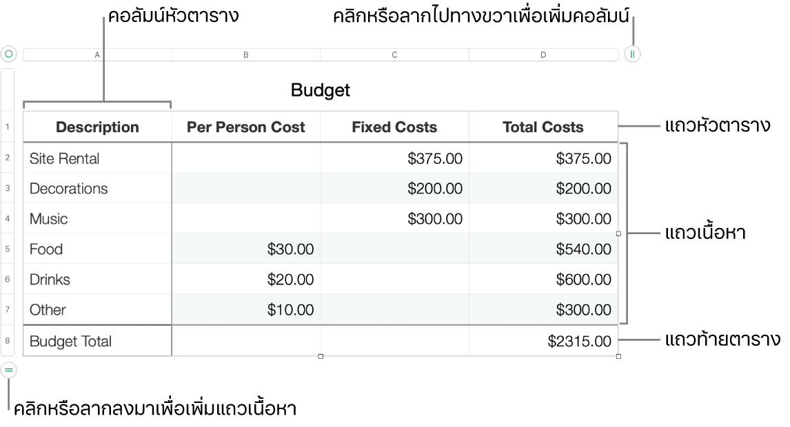ตารางที่แสดงแถวและคอลัมน์หัวตาราง ตัวตาราง และท้ายตาราง และขอบจับเพื่อเพิ่มหรือลบแถวหรือคอลัมน์