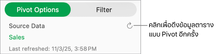 แถบตัวเลือก Pivot ที่แสดงตัวเลือกสำหรับดึงข้อมูลตารางแบบ Pivot ใหม่