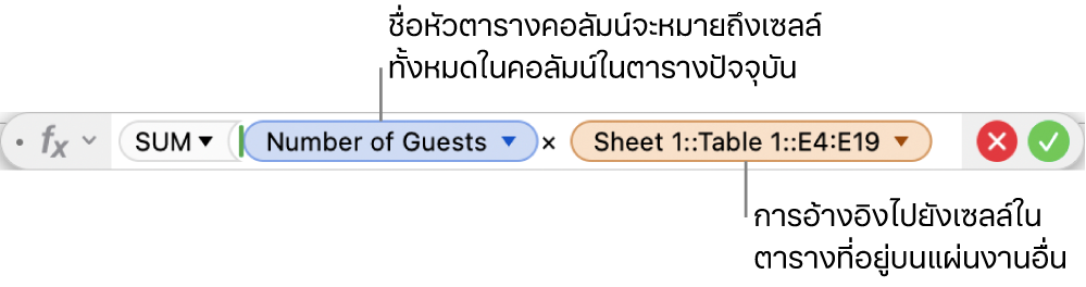 ตัวแก้ไขสูตรที่แสดงสูตรที่หมายถึงคอลัมน์ในหนึ่งตารางและเซลล์ในอีกตารางหนึ่ง