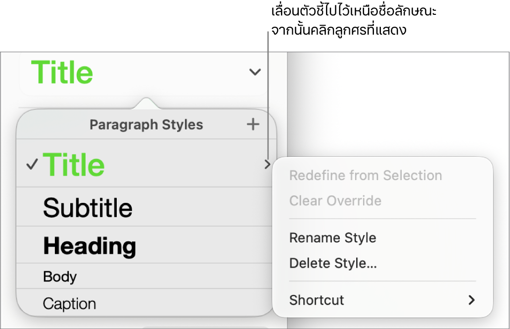 เมนูลักษณะย่อหน้าที่มีเมนูลัดเปิดอยู่