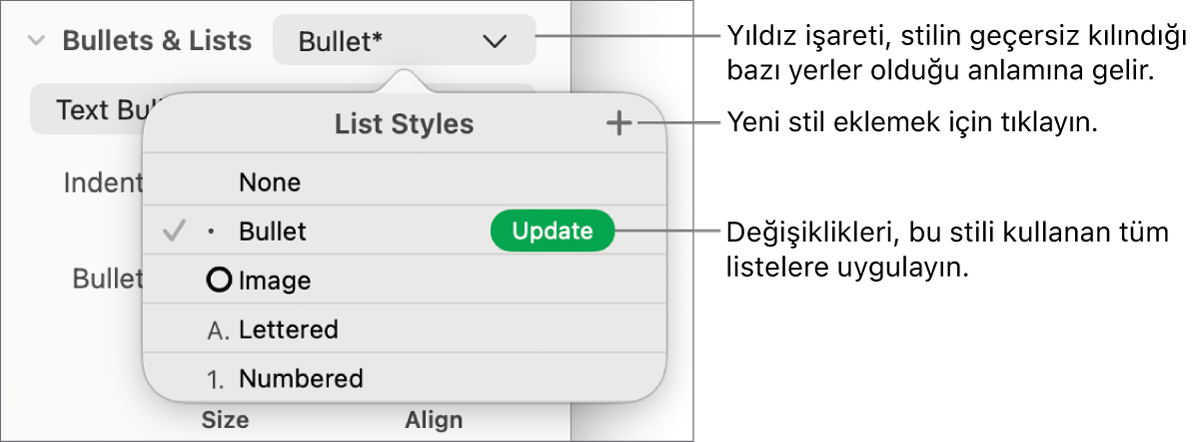 Bir geçersiz kılmayı gösteren yıldız işaretinin, Yeni Stil düğmesine ve stilleri yönetme seçeneklerini içeren bir alt menüye belirtme çizgilerinin göründüğü Liste Stilleri açılır menüsü.