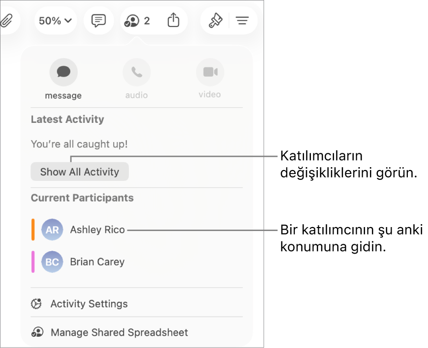 Ortak çalışma menüsünde iki güncel katılımcı listeleniyor.