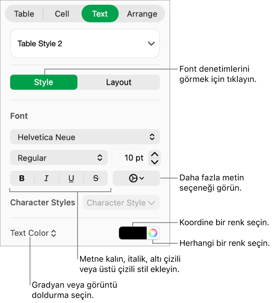 Tablo metnine stil ekleme denetimleri.