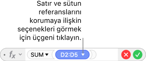 Satır ve sütun referanslarını koruma seçeneklerini açmak için tıkladığınız bir üçgene sahip Formül Düzenleyici.