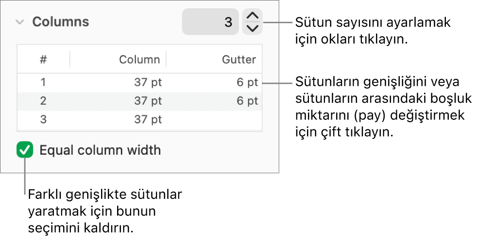 Sütun sayısını ve her bir sütunun genişliğini değiştirmek için sütunlar bölümündeki denetimler.