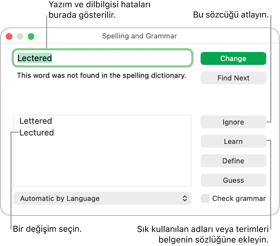 Yazım ve Dilbilgisi Denetimi penceresi.