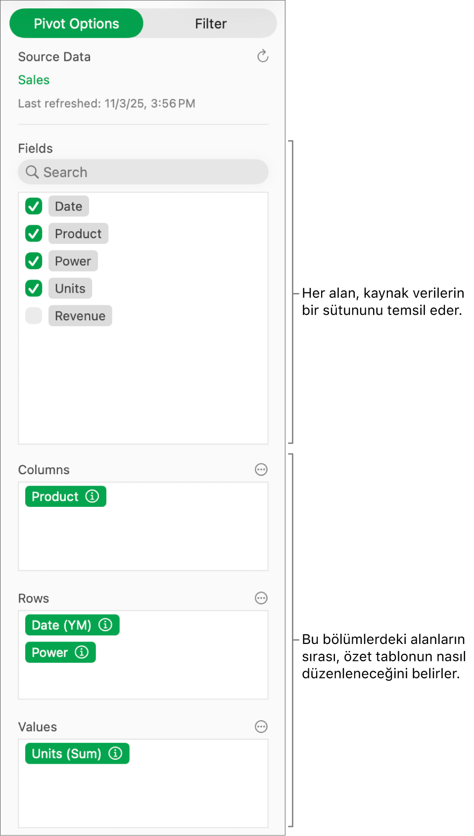 Sütunlar, Satırlar ve Değerler bölümlerindeki alanlar ile alanları düzenleme ve özet tabloyu yenileme denetimlerini gösteren Özet Seçenekleri menüsü.