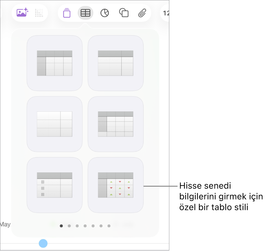 Tablo düğmesi seçili ve altta tablo bölümü gösteriliyor. Hisse senedi tablo stili sağ alt köşede.