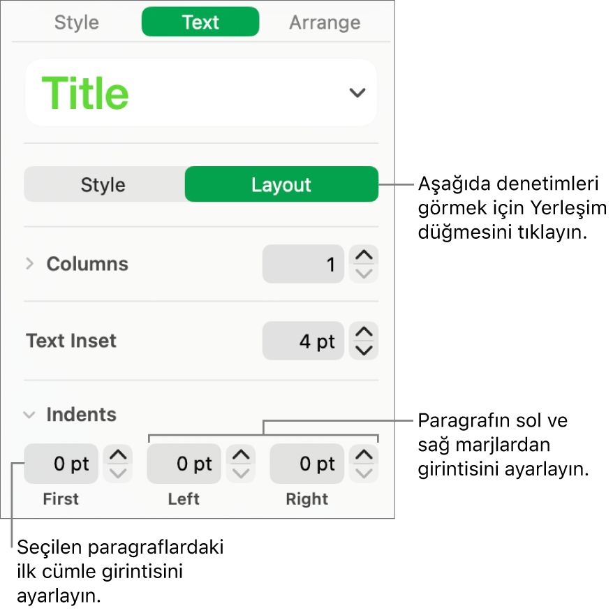 İlk satır girintisini ve paragraf marjlarını ayarlama denetimlerini gösteren Biçim kenar çubuğunun Yerleşim bölümü.