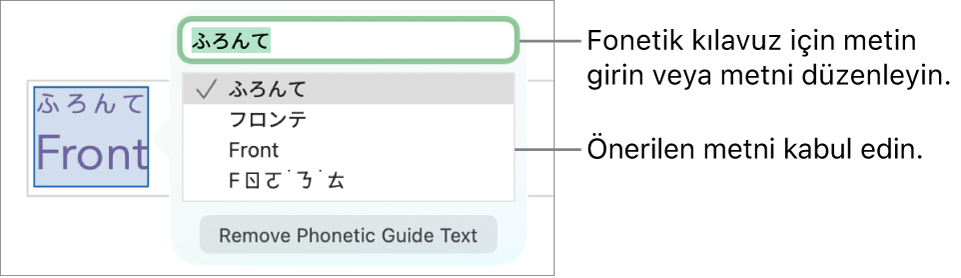 Bir sözcük için fonetik kılavuz, metin alanına ve önerilen metne ilişkin gösterimlere açılır.