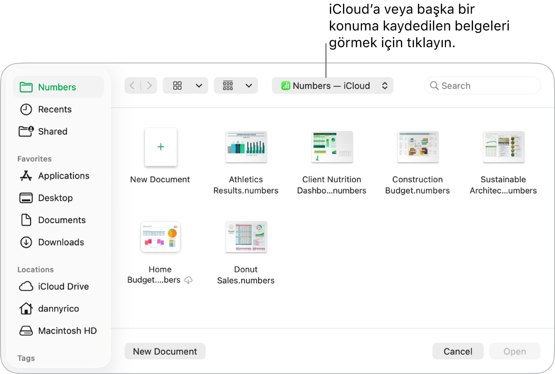 Solda kenar çubuğu açık şekilde Aç sorgu kutusu ve en üstteki açılır menüde iCloud Drive seçili. Keynote, Numbers ve Pages için klasörler, Yeni Belge düğmesiyle birlikte sorgu kutusunda belirir.