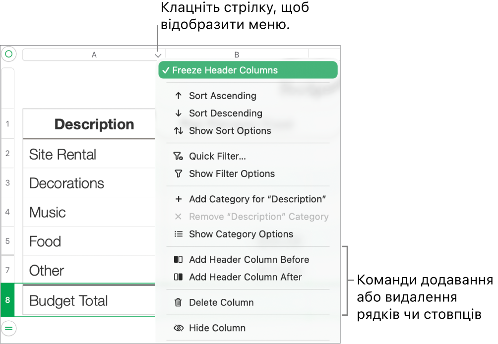 Меню стовпців таблиці з командами додавання й видалення рядків і стовпців.