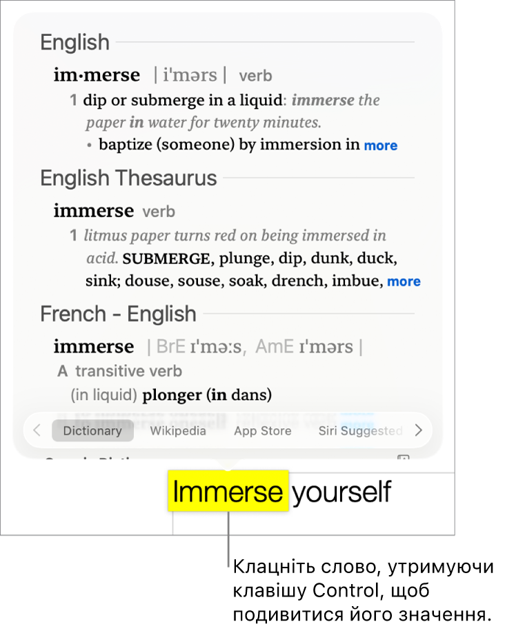 Текст із виділеним словом і вікно, в якому відображається його визначення та стаття з тезаурусу. Три кнопки внизу вікна містять посилання на вебсайти словника, Вікіпедії й пропозицій Siri.