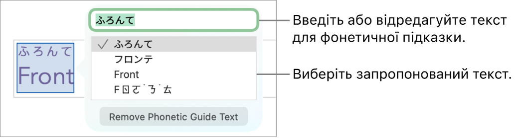 Фонетична підказка для слова з виносками на текстове поле й варіанти тексту.