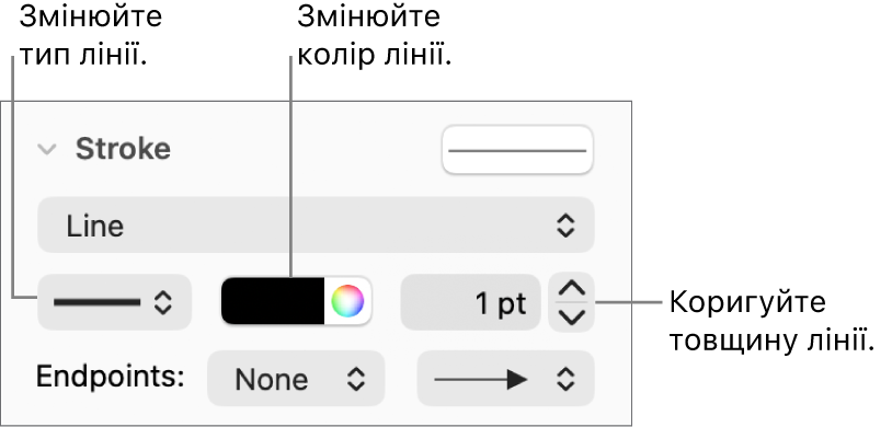 Елементи керування штрихуванням для визначення кінцевих точок, товщини ліній і кольору.