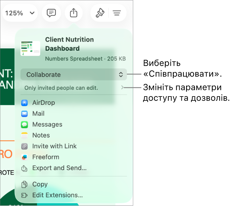 Меню «Поширити» з вибраним угорі елементом «Співпраця», а також параметрами доступу й дозволів унизу.