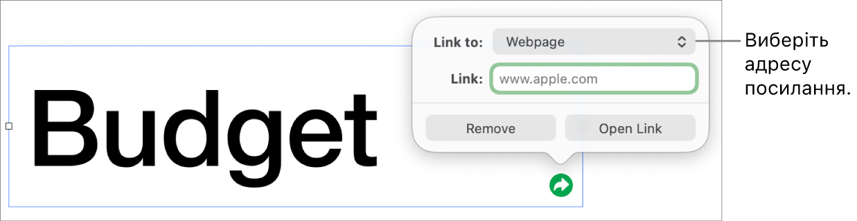 Елементи керування редактора посилань із вибраною вебсторінкою та кнопками «Вилучити» й «Відкрити посилання» внизу.