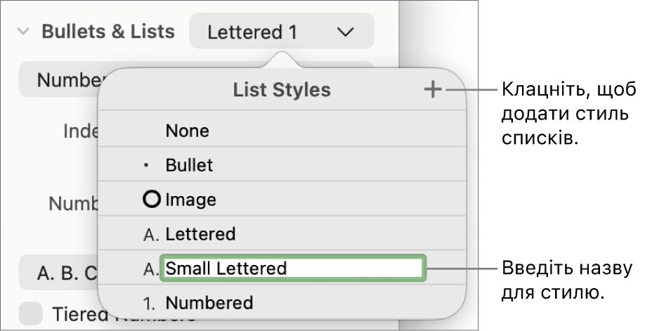 Спливне меню «Стилі списків» із кнопкою «Додати» у верхньому правому куті й зразок назви стилю з вибраним текстом.
