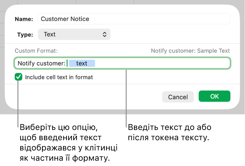Власний формат текстових клітинок.